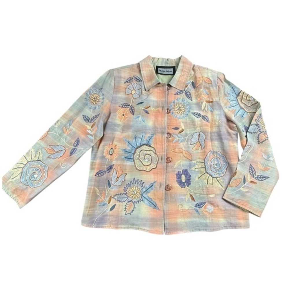 vtg Y2K Indigo Moon Embroidered Silk Pastel Floral Jacket Blazer Boho Whimsy L